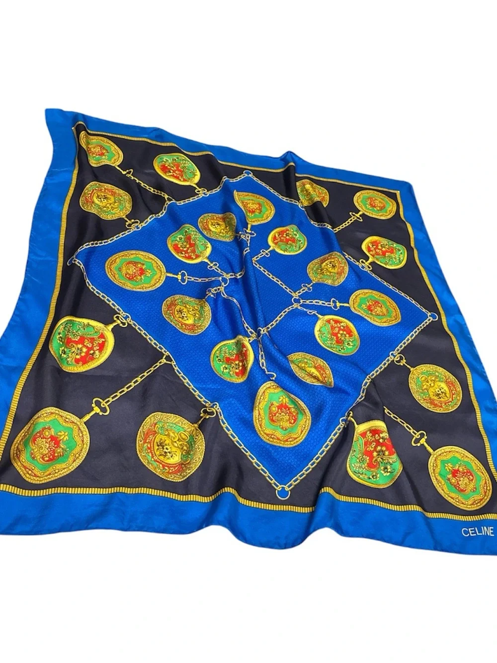 Celine Blue, Black & Gold Silk Scarf with Heraldic Print